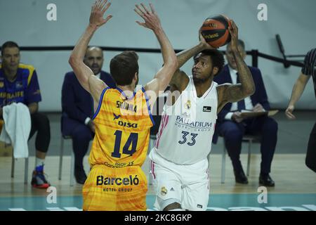 Trey Thompkins des gestes du Real Madrid pendant le match de basket-ball de la Ligue ACB joué entre le Real Madrid et Herbalife Gran Canaria au stade WiZink Centre sur 31 janvier 2021 à Madrid, Espagne. (Photo par Oscar Gonzalez/NurPhoto) Banque D'Images