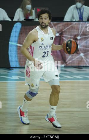 Sergio Llull de Real Madrid gestes pendant le match de basket-ball de la Ligue ACB joué entre Real Madrid et Herbalife Gran Canaria au stade WiZink Centre sur 31 janvier 2021 à Madrid, Espagne. (Photo par Oscar Gonzalez/NurPhoto) Banque D'Images