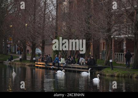 Un troupeau de cygnes vus sur le Grand Canal à Dublin pendant le confinement de Covid-19 au niveau 5. Le jeudi 4 février 2021, à Dublin, Irlande. (Photo par Artur Widak/NurPhoto) Banque D'Images