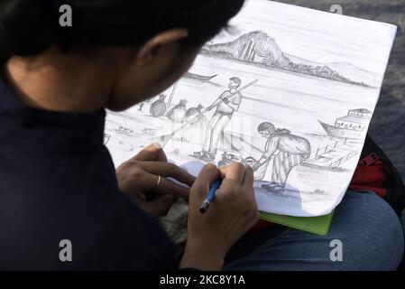 Les enfants ont participé à un concours d'art sur Swachh Bharat (Clean India), pendant le festival River Kite sur la rive de la rivière Brahmaputra à Guwahati, en Inde, le dimanche 7 février 2021. (Photo de David Talukdar/NurPhoto) Banque D'Images