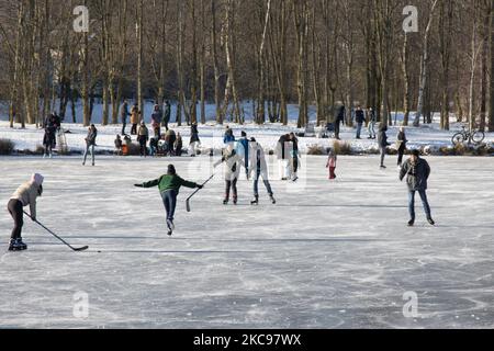 Les habitants des pays-Bas apprécient le temps de neige froid qui dure une semaine, avec des températures inférieures à zéro qui font geler les lacs, les étangs et les canaux. Des foules sont vues dans le parc Meerland près de la ville d'Eindhoven, pendant une journée ensoleillée dans le ciel bleu, pour s'amuser pendant le patinage sur glace, une tradition hollandaise, marcher sur la glace des lacs gelés, jouer avec leurs traîneaux, faire du vélo ou jouer au hockey sur glace. Parc Meerland, pays-Bas sur 13 février 2021 (photo de Nicolas Economou/NurPhoto) Banque D'Images