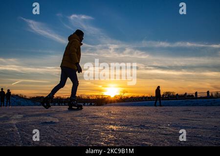 Silhouettes sombres de personnes pendant le patinage sur glace sur le lac naturel gelé cristal dans la région du Brabant Nord dans l'après-midi avant le coucher du soleil. La frénésie du patinage sur glace prend le dessus des pays-Bas. Les Hollandais s'amusent et apprécient le temps enneigé froid d'une semaine avec des températures inférieures à zéro qui font geler les lacs, les ruisseaux, les étangs, les rivières et les canaux. La foule a été le patinage dans le parc Meerland près de la ville d'Eindhoven, pendant un ciel bleu ensoleillé jour, comme c'est une tradition hollandaise, les gens sont également vus à l'extérieur dans la nature glacée et l'environnement froid marchant sur la glace des lacs gelés, p Banque D'Images