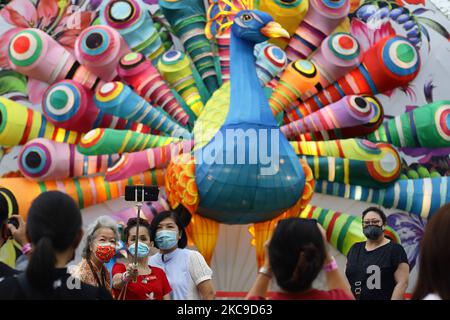 Les gens prennent des photos avec une exposition de lanterne pendant le festival de la rivière Hongbao à Gardens by the Bay on 16 février 2021 à Singapour. Organisé chaque année depuis 1987, ce festival fait partie des célébrations du nouvel an lunaire de Singapour pour les habitants de la région comme pour les touristes. En raison de la pandémie actuelle de COVID-19 et afin de réduire le surpeuplement, l'organisateur a imposé une capacité de participation limitée et un créneau horaire pour chaque visiteur. (Photo de Suhaimi Abdullah/NurPhoto) Banque D'Images