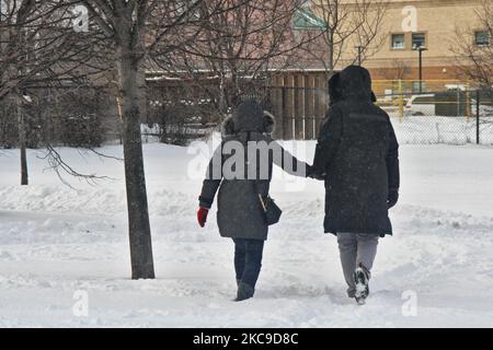 Couple marchant dans la neige alors qu'une tempête de neige a laissé tomber près de 25 centimètres de neige dans la ville de Toronto, Ontario, Canada, sur 16 février 2021. (Photo de Creative Touch Imaging Ltd./NurPhoto) Banque D'Images