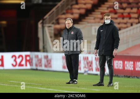 Neil Warnock, directeur de Middesbrough, lors du match de championnat Sky Bet entre Middlesbrough et Huddersfield Town au stade Riverside, à Middlesbrough, le mardi 16th février 2021. (Photo de Mark Fletcher/MI News/NurPhoto) Banque D'Images