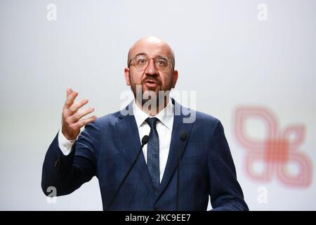 Le Président du Conseil européen Charles Michel assiste à une conférence de presse lors de la réunion du Groupe de Visegrad au centre des congrès ICE de Cracovie, en Pologne, sur 17 février 2021. Le Groupe de Visegrad, alliance entre la Pologne, la République tchèque, la Slovaquie et la Hongrie, célèbre son anniversaire de 30th. (Photo de Beata Zawrzel/NurPhoto) Banque D'Images