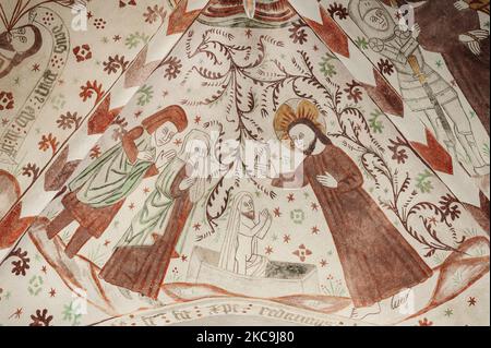 Élever de Lazarus, les morts de quatre jours est une vieille fresque dans l'église de Fanefjord, Danemark, 10 octobre 2022 Banque D'Images