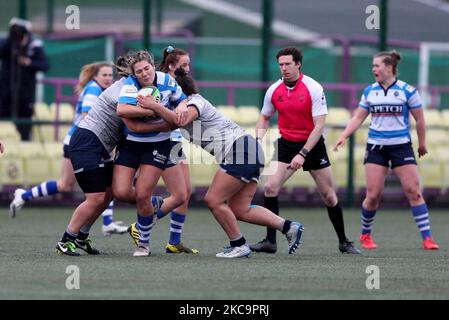 Tiana Gordon de Darlington Mowden Park Sharks sur l'attaque lors du match FÉMININ ALLIANZ PREMIER 15S entre le DMP Durham Sharks et le sale Sharks au château de Maiden, à Durham City, le samedi 20th février 2021. (Photo de Chris Booth/MI News/NurPhoto) Banque D'Images