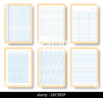 Carnet A4 feuilles de papier quadrillées vierges pour cellules pour bloc-notes d'école. Feuilles de notes de classeur réalistes avec modèle de maquette d'ombre isolé. Lignes horizontales abstraites arrière-plan de page rayé Illustration de Vecteur