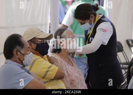 Le personnel médical immunise les adultes âgés de 60 ans et plus avec le vaccin Spoutnik V qui a visité une unité de vaccination à Bosque de Tláhuac, Mexico, pendant l'urgence sanitaire COVID-19 et le feu de circulation épidémiologique orange dans la capitale. Selon les autorités, 800 000 doses seront appliquées à Mexico et seront distribuées dans plusieurs districts. (Photo de Gerardo Vieyra/NurPhoto) Banque D'Images