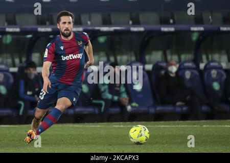 Jorge Miramon, avant de Levante, lors du match espagnol de la Liga entre Levante UD et Valencia CF au stade Ciutat de Valencia sur 12 mars 2021. (Photo de Jose Miguel Fernandez/NurPhoto) Banque D'Images