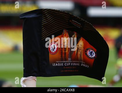 Corner Flag lors de la finale de la coupe de la Ligue continentale des pneus de FA Women's entre Bristol City et Chelsea au stade Vicarage Road, Watford, Royaume-Uni, le 14th mars 2021 (photo par action Foto Sport/NurPhoto) Banque D'Images