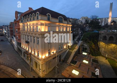 Horizon de Belgrade : la vieille ville dans la rivière Sava le soir. Serbie Banque D'Images