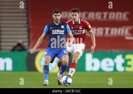 CHED Evans de Preston North End et DAEL Fry de Middlesbrough lors du match du championnat Sky Bet entre Middlesbrough et Preston North End au stade Riverside, à Middlesbrough, le mardi 16th mars 2021. (Photo de Mark Fletcher/MI News/NurPhoto) Banque D'Images