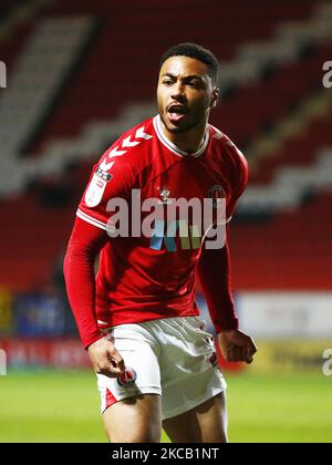 Akin Famemo de Charlton Athletic (en prêt de Norwich City) pendant la Sky Bet League One entre Charlton Athletic et Bristol Rovers à la Valley, Woolwich le 16th mars 2021 (photo d'action Foto Sport/NurPhoto) Banque D'Images