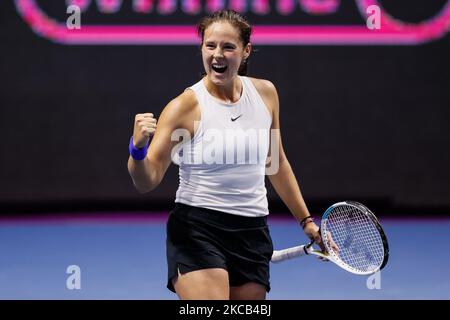 Daria Kasatkina, de Russie, célèbre la victoire lors de son WTA St. Petersburg Ladies Trophy 2021 tournoi de tennis deuxième manche contre Aliaksandra Sasnovich, de Biélorussie, sur 18 mars 2021 à l'arène de Sibur à Saint-Pétersbourg, Russie. (Photo de Mike Kireev/NurPhoto) Banque D'Images