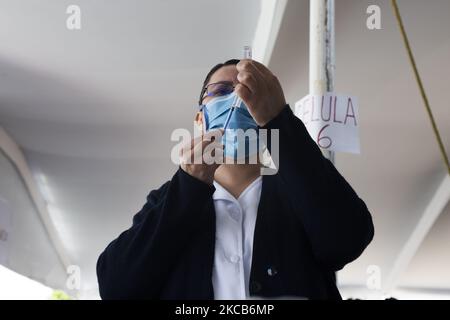 Vaccination à Ciudad Nezahualcoyotl contre le COVID-19 avec le vaccin Sinovac, dans le cadre du plan d'application de doses gratuites pour les adultes de plus de 60 ans dans l'État de Mexico, Mexique, on 19 mars 2021. (Photo par Cristian Leyva/NurPhoto) Banque D'Images