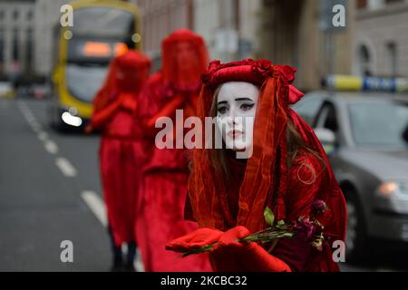 Un groupe de militants anti-fracturation et d'activistes protestant à l'extérieur de la Leinster House à Dublin, lors du confinement de niveau 5 de Covid-19. Mardi, 23 mars 2021, à Dublin, Irlande. (Photo par Artur Widak/NurPhoto) Banque D'Images