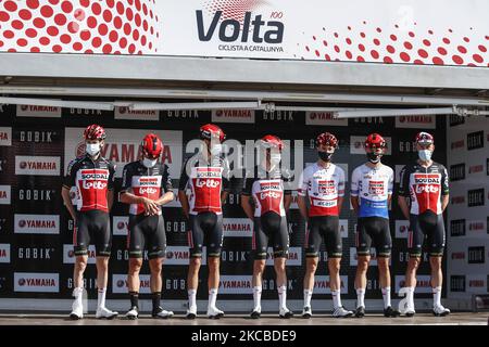 141 Andreas Lorentz Kron du Danemark, 142 Thomas de Gendt de Belgique, 143 Harm Vanhoucke de Belgique, 144 Maxim Van Gils de Belgique, 145 Steff Cras de Belgique, 146 Sylvain Moniquet de Belgique, 147 Tomasz Marczynski de Pologne de Lotto Soudal pendant la Volta Ciclista a Catalunya 100th, 2021, Étape 3 du canal Olimpic de Barcelone à Valter 2000. Sur 24 mars 2021 à Barcelone, Espagne. (Photo par Xavier Bonilla/NurPhoto) Banque D'Images