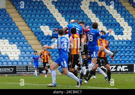 Colchesters Frank Nouble a obtenu le score 1-1 lors du match de la Sky Bet League 2 entre Colchester United et Bradford City au Weston Homes Community Stadium, à Colchester, le samedi 27th mars 2021. (Photo de Ben Pooley/MI News/NurPhoto) Banque D'Images