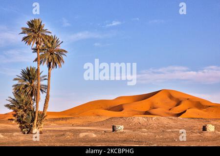 Dunes de sable dans le désert d'Erg Chebbi près du petit village de Merzouga au Maroc, en Afrique. Merzouga est un village dans le désert du Sahara au Maroc, au bord de Erg Chebbi, un ensemble de 50km longues et 5km larges dunes de sable qui atteignent jusqu'à 350m. (Photo de Creative Touch Imaging Ltd./NurPhoto) Banque D'Images
