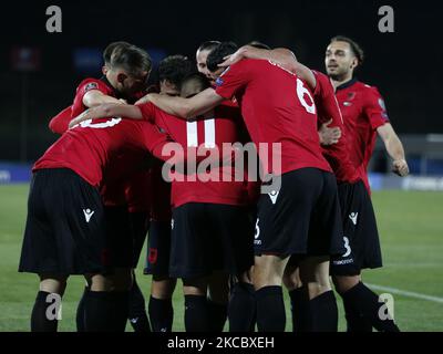 L'équipe d'Albanie pendant le match pour se qualifier pour la coupe du monde de football 2022 entre Saint-Marin et l'Albanie, à Saint-Marin, sur 31 mars 2021 (photo de Loris Roselli/NurPhoto) Banque D'Images