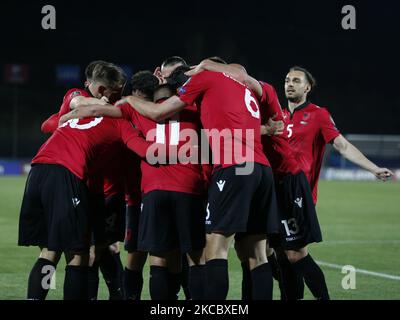 L'équipe d'Albanie pendant le match pour se qualifier pour la coupe du monde de football 2022 entre Saint-Marin et l'Albanie, à Saint-Marin, sur 31 mars 2021 (photo de Loris Roselli/NurPhoto) Banque D'Images