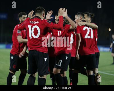 L'équipe d'Albanie pendant le match pour se qualifier pour la coupe du monde de football 2022 entre Saint-Marin et l'Albanie, à Saint-Marin, sur 31 mars 2021 (photo de Loris Roselli/NurPhoto) Banque D'Images