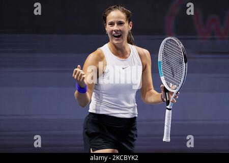 Daria Kasatkina, de Russie, célèbre la victoire lors de son WTA St. Petersburg Ladies Trophy 2021 tournoi de tennis deuxième manche contre Aliaksandra Sasnovich, de Biélorussie, sur 18 mars 2021 à l'arène de Sibur à Saint-Pétersbourg, Russie. (Photo de Mike Kireev/NurPhoto) Banque D'Images