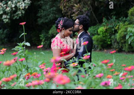 Un couple Sri Lankais cinghalais nouvellement marié pose pour leurs photos post-mariage aux jardins botaniques royaux de Peradeniya, Sri Lanka. Le jardin botanique royal est situé à l'ouest de la ville de Kandy et attire chaque année 2 millions de visiteurs. (Photo de Creative Touch Imaging Ltd./NurPhoto) Banque D'Images