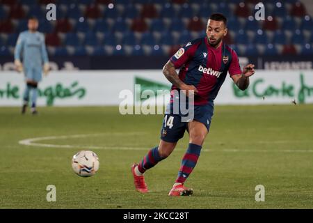 Ruben Vezo, avant de Levante, lors du match espagnol de la Liga entre Levante UD et SD Huesca au stade Ciutat de Valence sur 02 avril 2021. (Photo de Jose Miguel Fernandez/NurPhoto) Banque D'Images