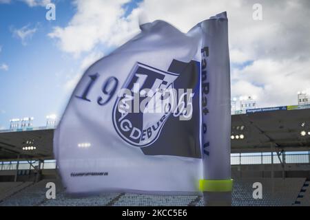 Drapeau à l'angle de Magdeburg avant le 3. Match Liga entre 1. FC Magdebourg et FC Ingolstadt 04 au MDCC-Arena sur 03 avril 2021 à Magdebourg, Allemagne. (Photo de Peter Niedung/NurPhoto) Banque D'Images