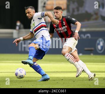 Fabio Quagliarella d'UC Sampdoria en action pendant la série Un match entre AC Milan et UC Sampdoria au Stadio Giuseppe Meazza sur 03 avril 2021 à Milan, Italie. Les stades sportifs autour de l'Italie restent soumis à des restrictions strictes en raison de la pandémie du coronavirus, car les lois de distanciation sociale du gouvernement interdisent aux fans à l'intérieur des lieux, ce qui entraîne le jeu derrière des portes fermées. (Photo de Giuseppe Cottini/NurPhoto) Banque D'Images