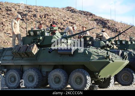 Les Marines travaillent au sommet de leur LAV-25 à Twentynine Palms, en Californie. Banque D'Images