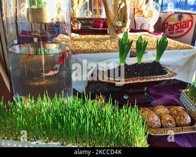 Exposition dans un magasin iranien pour les prochaines vacances de Nevruz à Toronto, Canada. Nevruz (Norooz, Nourooz, Newroz, Nowruz), qui signifie « nouveau jour », marque le premier jour du printemps, et est également célébré en Iran, Afghanistan, Azerbaïdjan, Albanie, Bashkortostan, Bahreïn, Géorgie, Turkménistan, Tadjikistan, Ouzbékistan, Kirghizistan et Kazakhstan, ainsi que parmi divers autres peuples iraniens et turcs du Kurdistan irakien, de la Syrie, du Liban, du Pakistan, de l'Inde, Le nord-ouest de la Chine, le Caucase, la Crimée et les Balkans. (Photo de Creative Touch Imaging Ltd./NurPhoto) Banque D'Images