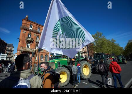 Un agriculteur détient un drapeau du syndicat FDSEA. Plusieurs centaines d'agriculteurs se sont réunis à Toulouse avec leurs tracteurs et leur fumier pour protester contre les négociations à Bruxelles sur la politique agricole commune 2023. La manifestation a été organisée par le syndicat principal des agriculteurs, la FNSEA, et ses filiales, la FDSEA et la JA (jeunes agriculteurs, c'est-à-dire jeunes agriculteurs). Les agriculteurs sont également préoccupés par l'écologie, car ils disent que les nouvelles réglementations vont les empêcher de faire leur travail correctement : par exemple, ils doivent garder une bande sans utiliser de biocides (pesticides, tueurs de weedtuers, etc.) pour protéger leurs voisins. TH Banque D'Images