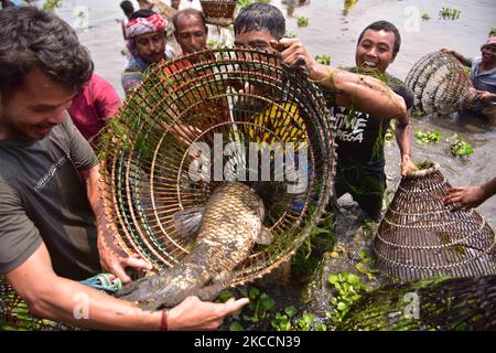 Les villageois montrent les poissons capturés lors de la séance de pêche communautaire pour célébrer les fêtes de Rongali ou de Bohag Bihu au lac Digholi, dans le district de Nagaon, dans l'État d'Assam, en Inde, sur 13 avril,2021. (Photo par Anuwar Hazarika/NurPhoto) Banque D'Images
