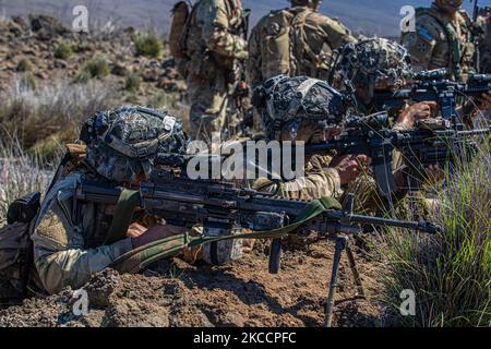 Soldats de l'armée américaine du 1st Bataillon d'infanterie, 21st Régiment d'infanterie, 2nd équipe de combat de la brigade d'infanterie, 25th Division d'infanterie, les soldats s'opposent à la force adverse sur les terrains d'entraînement de Pohakuloa, Hawaii, le 2 novembre 2022. Le joint Pacific multinational Readiness Center 23-01 est une rotation de formation réaliste qui nous permet de répéter le mouvement stratégique et de nous former dans des environnements et des conditions uniques où ils sont le plus susceptibles d'être employés en cas de crise ou de conflit Photo de l'armée par PFC. Mariah Aguilar, 25th Division d'infanterie) Banque D'Images
