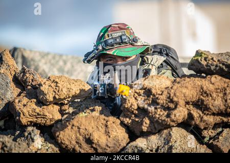 Un soldat TNI tire la sécurité tout en servant de force opposée sur le terrain d'entraînement de Pohakuloa, à Hawaï, le 1 novembre 2022. Le joint Pacific multinational Readiness Center 23-01 est une rotation de formation réaliste qui nous permet de répéter le mouvement stratégique et de nous former dans des environnements et des conditions uniques où ils sont le plus susceptibles d'être employés en cas de crise ou de conflit Photo de l'armée par PFC. Mariah Aguilar, 25th Division d'infanterie) Banque D'Images