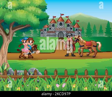 Un prince heureux avec des enfants à cheval sur la route Illustration de Vecteur
