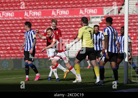 Duncan Watmore de Middlesbrough célèbre son troisième but lors du match du championnat Sky Bet entre Middlesbrough et Sheffield mercredi au stade Riverside, à Middlesbrough, le 24th avril 2021. (Photo de Mark Fletcher/MI News/NurPhoto) Banque D'Images