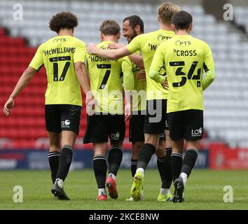 Sam Hoskins, de Northampton Town, célèbre son premier but lors du match Sky Bet League 1 entre Sunderland et Northampton Town au stade de Light, Sunderland, Royaume-Uni, le 9th mai 2021. (Photo de Mark Fletcher/MI News/NurPhoto) Banque D'Images