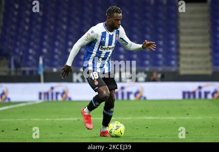 Landry Dimata pendant le match entre le RCD Espanyol et le FC Cartagena, correspondant à la semaine 39 de la Liga Smartbank, joué au stade RCDE le 14th mai 2021, à Barcelone, Espagne. (Photo de Joan Valls/Urbanandsport/NurPhoto) Banque D'Images