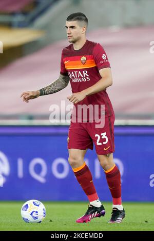 Gianluca Mancini de AS Roma pendant la série Un match entre AS Roma et SS Lazio au Stadio Olimpico, Rome, Italie, le 15 mai 2021. (Photo de Giuseppe Maffia/NurPhoto) Banque D'Images
