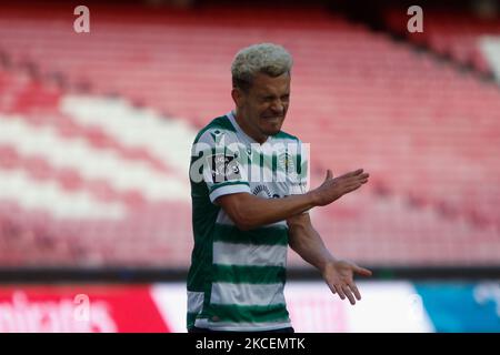 Pedro Gonçalves milieu de terrain de Sporting CP réagit pendant le match de la Ligue nos entre SL Benfica et Sporting CP à Estadio da Luz le 15th mai 2021 à Lisbonne, Portugal. (Photo de Valter Gouveia/NurPhoto) Banque D'Images