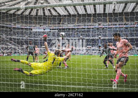 Aaron Ramsdale de Sheffield United sauve une tête de Jonjo Shelvey de Newcastle United lors du match de la Premier League entre Newcastle United et Sheffield United à St. James's Park, Newcastle, le mercredi 19th mai 2021. (Photo de Mark Fletcher/MI News/NurPhoto) Banque D'Images