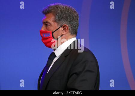 Le Président du FC Barcelone se présente à une conférence de presse pour exposer la situation des zones économiques et sportives du club, le 28th mai 2021, à Barcelone, en Espagne. (Photo de Joan Valls/Urbanandsport/NurPhoto) Banque D'Images