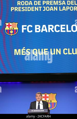 Le Président du FC Barcelone se présente à une conférence de presse pour exposer la situation des zones économiques et sportives du club, le 28th mai 2021, à Barcelone, en Espagne. (Photo de Joan Valls/Urbanandsport/NurPhoto) Banque D'Images