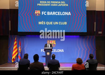 Le Président du FC Barcelone se présente à une conférence de presse pour exposer la situation des zones économiques et sportives du club, le 28th mai 2021, à Barcelone, en Espagne. (Photo de Joan Valls/Urbanandsport/NurPhoto) Banque D'Images