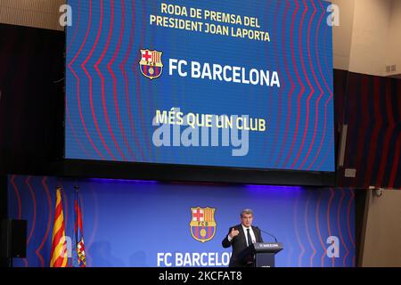 Le Président du FC Barcelone se présente à une conférence de presse pour exposer la situation des zones économiques et sportives du club, le 28th mai 2021, à Barcelone, en Espagne. (Photo de Joan Valls/Urbanandsport/NurPhoto) Banque D'Images